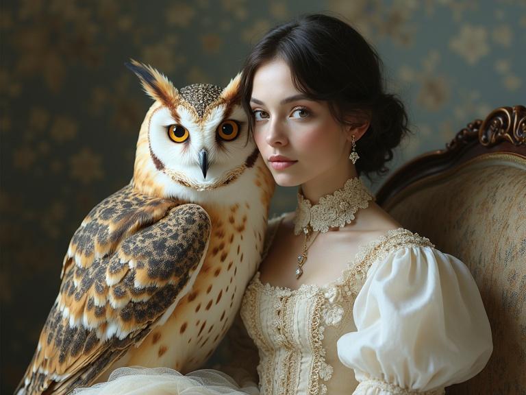A whimsical and fantastical portrait. Young woman with porcelain complexion and large expressive eyes. Dressed in ornate vintage-style clothing. Seated next to a large majestic owl with detailed feathers. Background is soft gray.