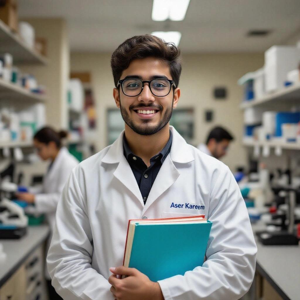 A male student in a white lab coat stands in a laboratory carrying books. The student is smiling and appears confident. The background shows laboratory equipment and fellow lab workers.