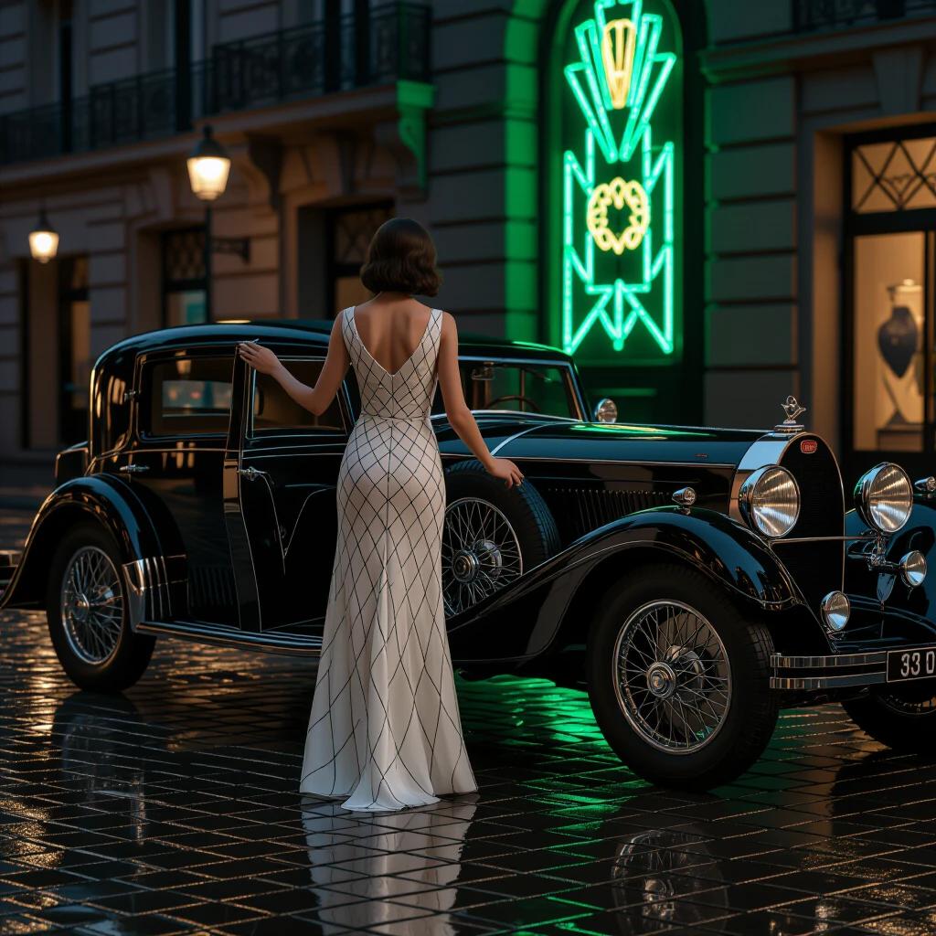 Ultra-photorealistic scene in 1925 Paris during midnight with wet cobblestones reflecting art deco neon in emerald and gold. A sophisticated woman dressed in a knee-length white matte dress with geometric diamond patterns is turning her back to the camera while opening the door of a parked glossy black 1924 Bugatti Type 35 curbside. Her hand rests on the door handle, with a profile view showcasing a dynamic pose. The car features glowing headlights with glimpses of its leather interior. The foreground captures puddle reflections of neon signs while the midground focuses on the woman's dress patterns and the car door details, against a blurred art deco facade with a clock reading 2:15 AM and gleaming tram tracks in the background. The technical aspects include the use of a simulated Leica Noctilux-M lens for a low-angle shot with an aperture setting for sharp focus from the dress to the car interior, enhanced with virtual orthchromatic film.