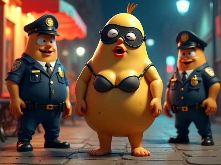 A cartoon-style artwork shows a humorous potato mistress being arrested. She wears a black bikini and a burglar mask. Two serious police officers stand beside her. The setting includes a night café in the background. This scene features vibrant colors and satirical elements.