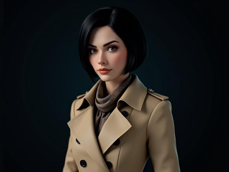 High-quality 3D character rendering of a woman in a film-noir inspired portrait. She has sleek black hair and wears a classic beige trench coat with a checkered scarf. The background is dark, emphasizing her outfit. The lighting is soft and dramatic, giving a mysterious feel.