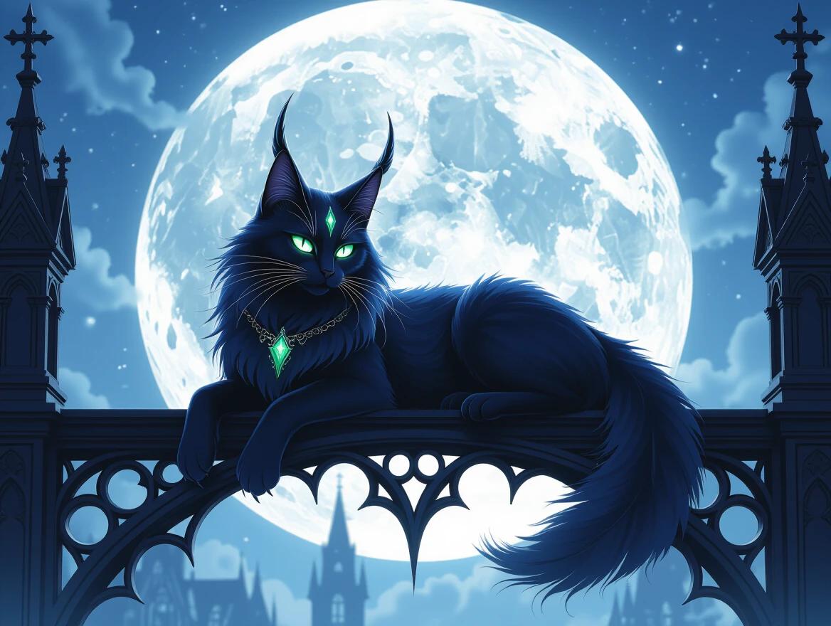 Feline-like creature with midnight fur and crystalline horns lounges on a gothic cathedral roof. Silhouette against a silver moon. Glowing emerald eyes. Long fangs beneath dark lips. Feathers drape like a cloak. Stylized with sharp contrast and jewel tones. Nighttime ambiance with protective sigils. Guardian spirit eliminating nightmares. Dramatic lighting and shadows in high-detail fantasy art.