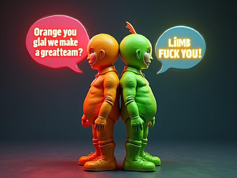 Back-to-back cartoon characters with neon highlights. One character is orange and the other lime green. Dialogue in comic bubbles with vibrant, neon text. Characters evoke humor and creativity. Amazing colorful background.