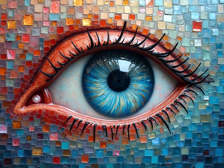 A striking eye depicted through a 3D iridescent ceramic tile and glass mosaic. Abstract design with flashy encaustic elements.