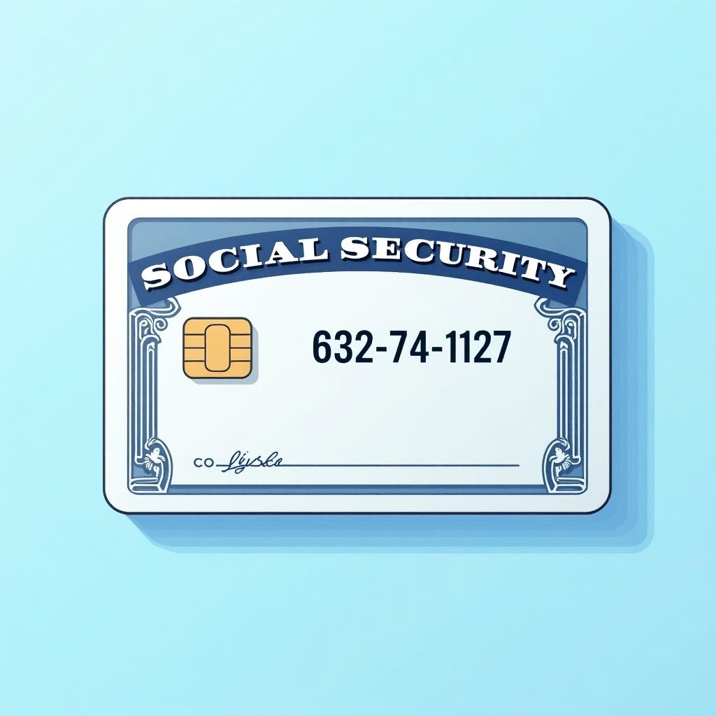 Depiction of a social security card with prominent text including 'SOCIAL SECURITY'. Key numbers are shown. Graphic chip on card included. Decorative elements indicate official nature. Soft blue background enhances appeal. Professional clean design reflecting importance of social security.