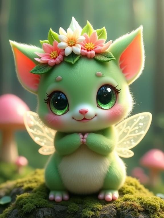 Enchanting creature resembling a magical forest fairy pet. Small chubby form gives an innocent appearance. Round body with chibi-like proportions. Tiny paw-like hands and feet. Predominantly green with creamy white accents. Large leaf-shaped ears with pink inner tufts. Huge emerald green eyes with sparkling highlights. Delicate transparent wings. Tiny pink nose and mouth. Flower crown adorned with pink, peach, and white blossoms. Joyful expression and playful posture. Set in a colorful, mystical forest environment.