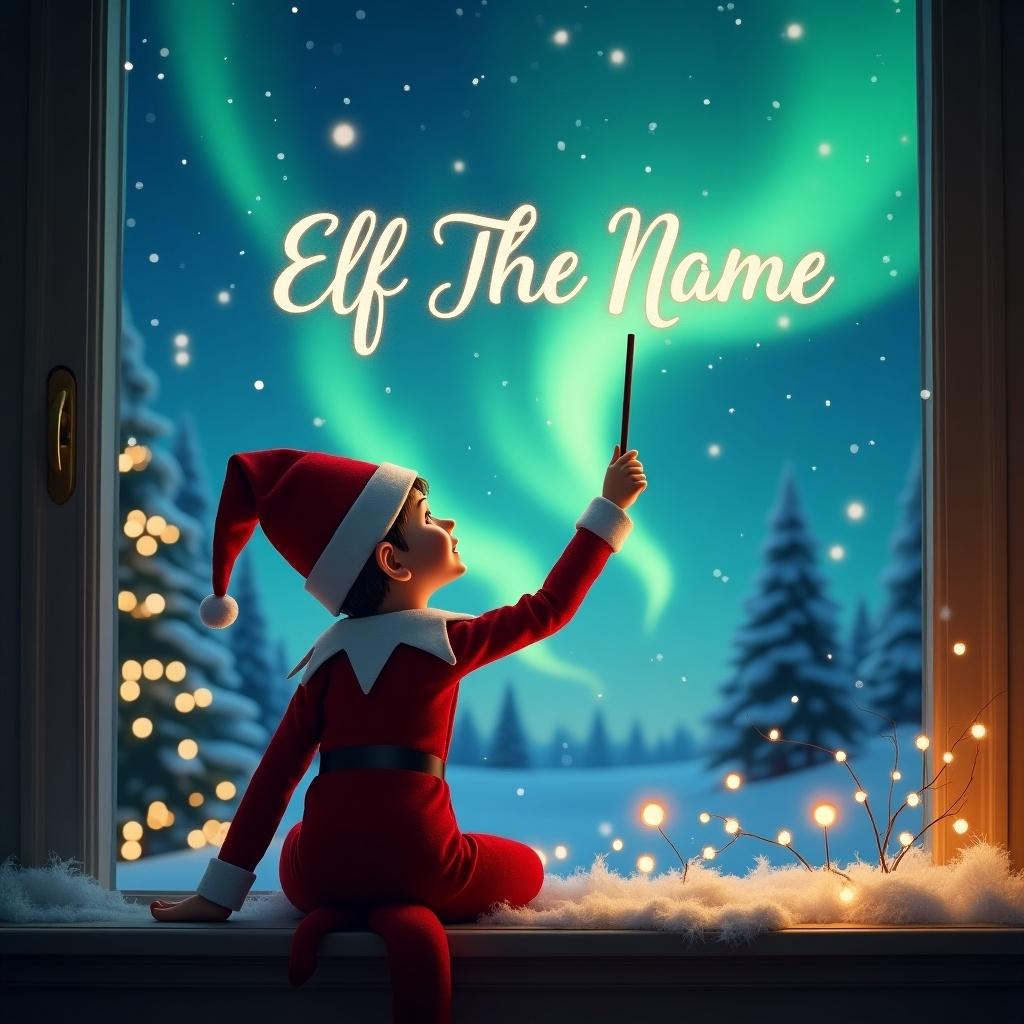 A scene showing a child dressed in an elf costume with their back to the viewer. The child is looking up at the sky while using a wand to write a name, creating a magical atmosphere. The background features beautiful northern lights sparkling above a winter landscape dotted with snow-covered trees. Twinkling lights are present in the foreground, creating a cozy ambiance. The overall mood is cheerful and festive, perfect for the holiday season.