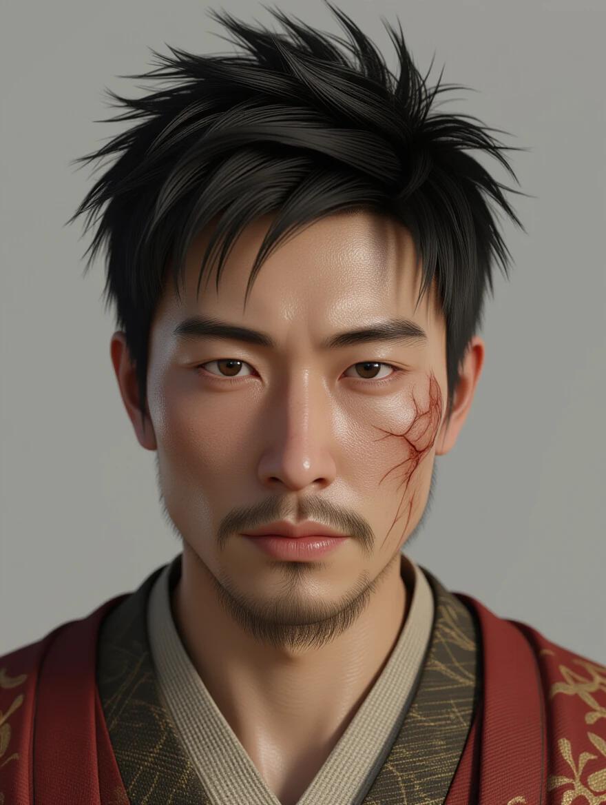 3D realistic character design. Chinese ancient style. Male aged 21. Short black hair. Gaunt pale face. High nose. Dry cracked lips. Beard with mustache. Rough flaky skin. Overall exhausted look.