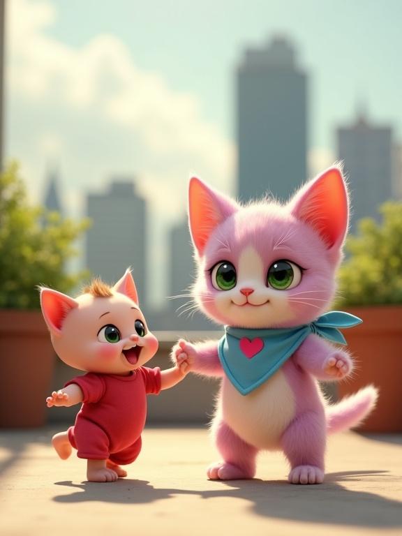 A sun-drenched rooftop with potted plants. A fluffy, pastel pink kitten guides a baby in a red onesie. The mother approaches with joy. The kitten looks proud. Soft cityscape in background. Heartwarming reunion moment.