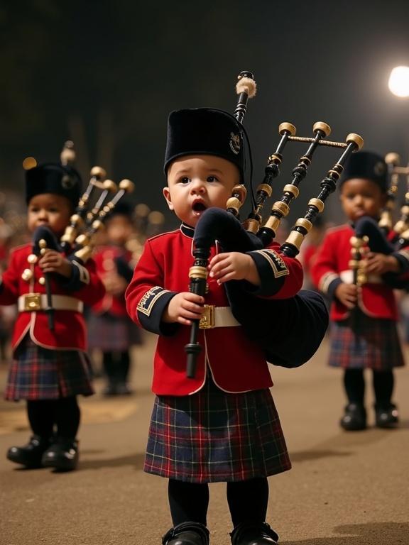 Nighttime photograph of a Scottish military bagpipe band with cute 3-year-old babies. Various ethnicities are represented. Babies wear detailed miniature military uniforms. Some play snare drums in red and white, while one plays bagpipes in dark tartan. Scene shows a large crowd in the background. The light reflects a night parade ambiance filmed by the BBC. Babies look focused and expressive. Uniforms and instruments are proportioned to their size.