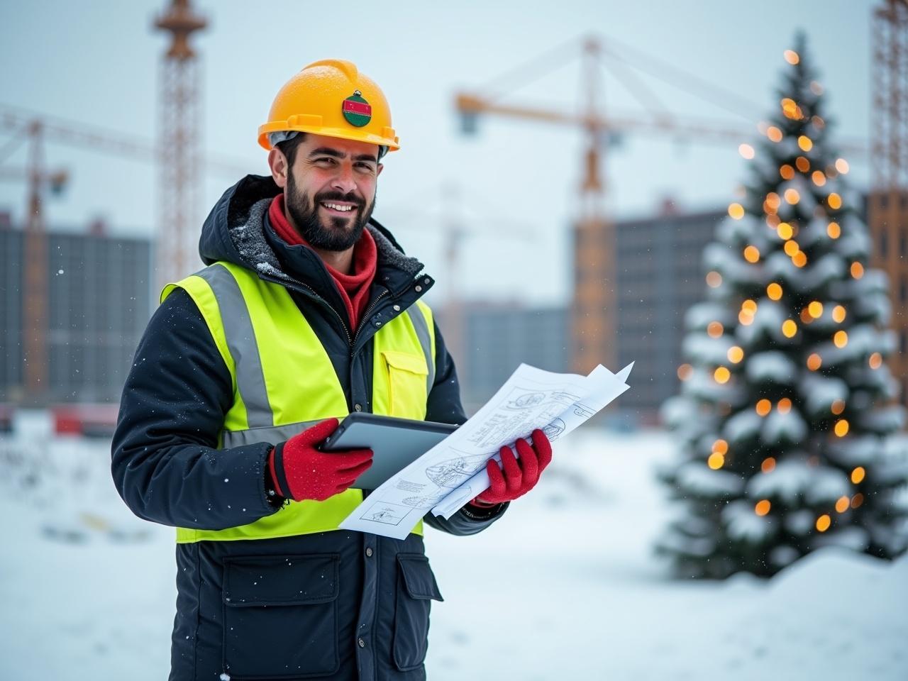 A construction worker is standing on a snowy site, fully dressed in winter gear with a warm jacket and gloves. He has a bright yellow hard hat adorned with a festive ornament. Instead of his usual work vest, he wears a reflective vest decorated with Christmas lights. In one hand, he holds a tablet showing blueprints, while in the other hand, he carries a rolled-up blueprint tied with a red ribbon. Snow is gently falling around him, and in the background, the construction site is transformed into a winter wonderland, complete with snow-covered cranes and a decorated Christmas tree.