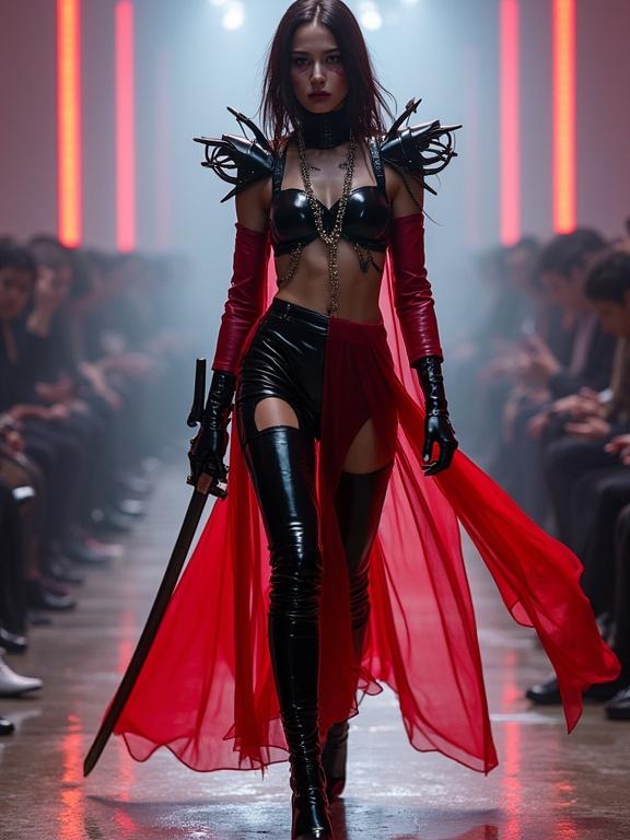 Fierce young female model walks down a futuristic runway in a bold outfit. Outfit includes glossy black and crimson red vinyl layers. Chains and flowing transparent fabric details are present. Dramatic spiked shoulder pads enhance the look. Metallic accessories are featured throughout. Model holds a stylized katana. A soft spotlight highlights the model while a blurred neon background exists. High fashion editorial aesthetic is evident. An intense stare is directed toward the camera. A sudden step forward adds urgency to the shot. The frame shakes for dramatic effect.