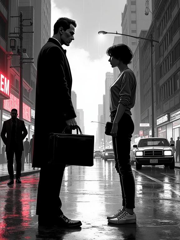 Comic book scene in Buenos Aires 2025. Elegant man in black suit with briefcase. Short woman in jeans with anxious expression. Intense atmosphere in high-contrast tones. Neon reflections and deep shadows. Inspired by Sin City and cyberpunk style.