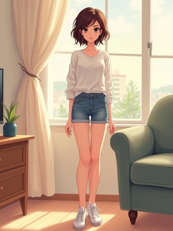 Illustration of a woman standing casually in a living room wearing shorts and a sweater with a smile.