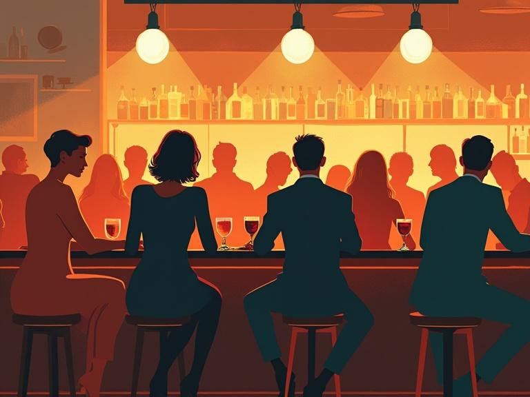 Minimalist illustration of humans in a vintage crowded bar. Vector style with warm lighting and silhouettes visible against a busy background.