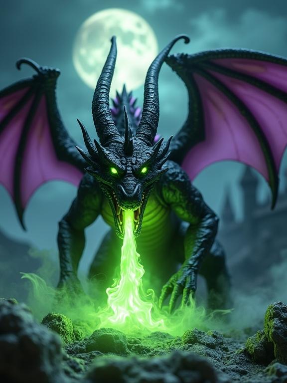 Realistic resin Dark Dragon figurine in a night scene under a full moon. Features large horns curved backwards and bat-like wings with purple interiors. Black scales with purple details and a greenish underbelly. The dragon is arched forward, mouth open, spitting bright green fire. Luminous neon green eyes. Surrounded by dark clouds and green smoke with rays of magical light. In the background is a dark castle between mountains.