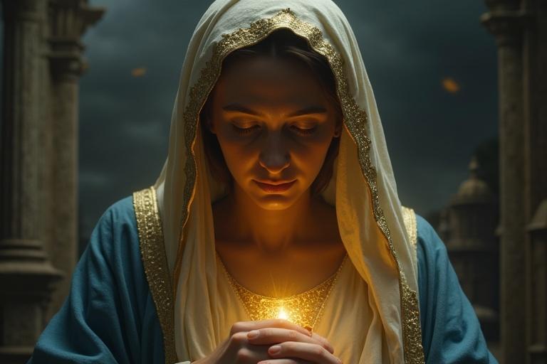 Close-up depiction of Virgin Mary in dramatic Baroque style. She holds light in hands, expressing sorrow and strength. Richly textured robe in blue and ivory. Illuminated by a single golden light against stormy sky. Background features aged stone architecture. Elements of divine light and soft glow present.