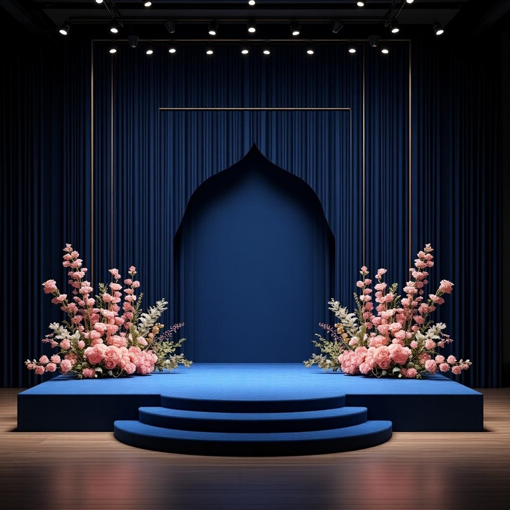 A wide rectangular stage with dark blue and gold motifs. Simple design featuring a large arch and floral arrangements in pink and cream on both sides below the stage.