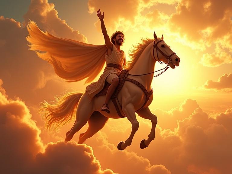 A young man named Phaeton crossing the skies. He rides a horse in a sun chariot. He is happy and feeling powerful. One hand holds the reins. The backdrop is a bright sunset with clouds and a large sun.