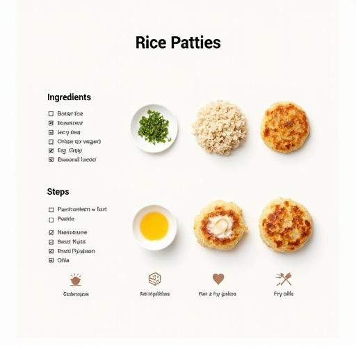 Food card displaying a rice patties recipe. Minimalist design with white background. Ingredients section includes boiled rice, herbs, chicken or vegetables, egg, spices, breadcrumbs, oil. Steps section outlines mixing, forming patties, pan-frying. Subtle icons enhance visuals. Soft shadows and pastel accents present a professional modern style. Ideal for Pinterest or Telegram.