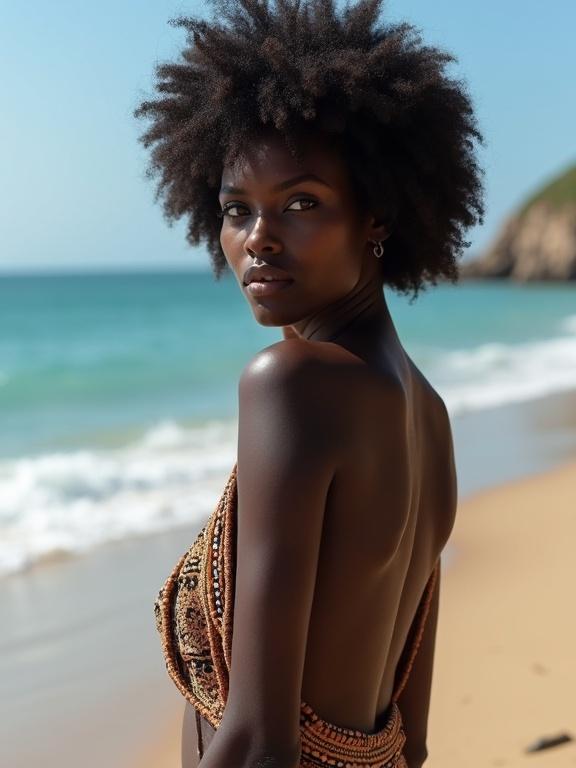 A depiction of a Haitian woman on the beach. She has very dark skin and wears a patterned garment. The beach and waves create a serene atmosphere.