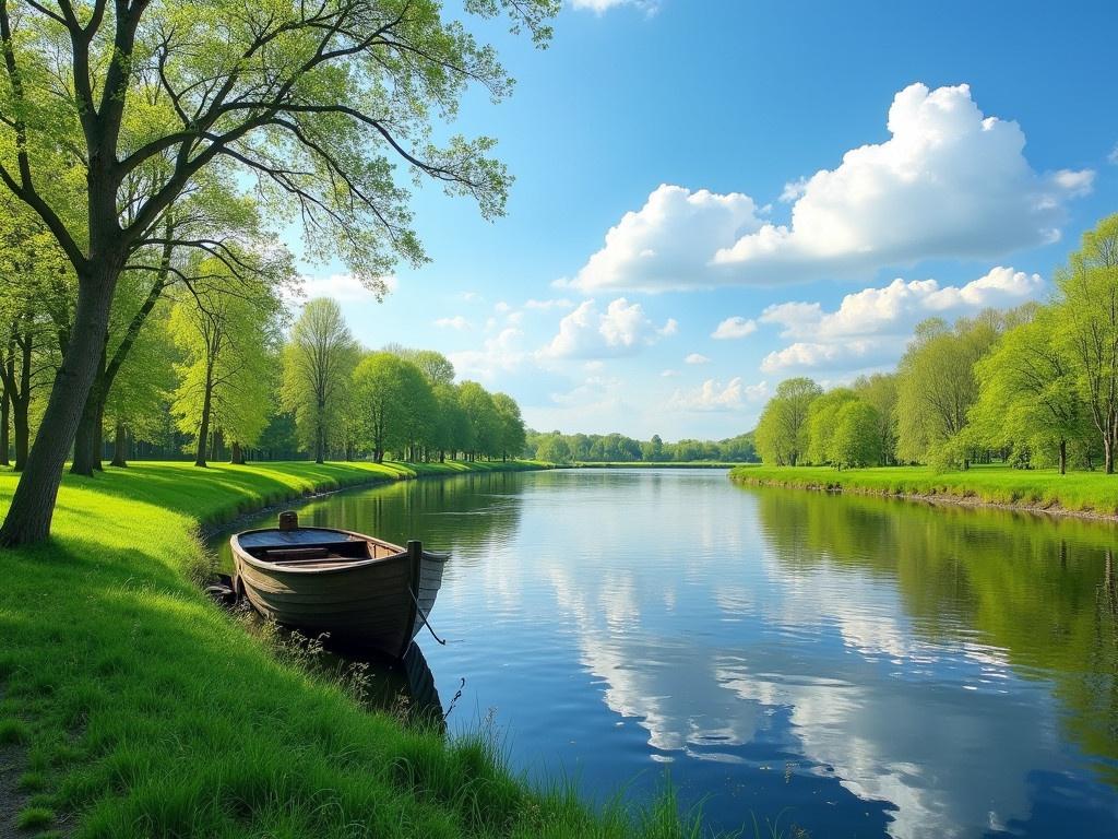 A serene spring and summer landscape featuring a clear blue sky dotted with fluffy white clouds. The Narew River flows gently, with a wooden boat securely anchored along its grassy banks. Lush green trees and vibrant foliage surround the river, creating a tranquil feel. The countryside of Poland is highlighted, showcasing the beauty of nature in this picturesque setting. Reflections of the trees and clouds shimmer on the calm water surface, enhancing the peaceful ambiance.