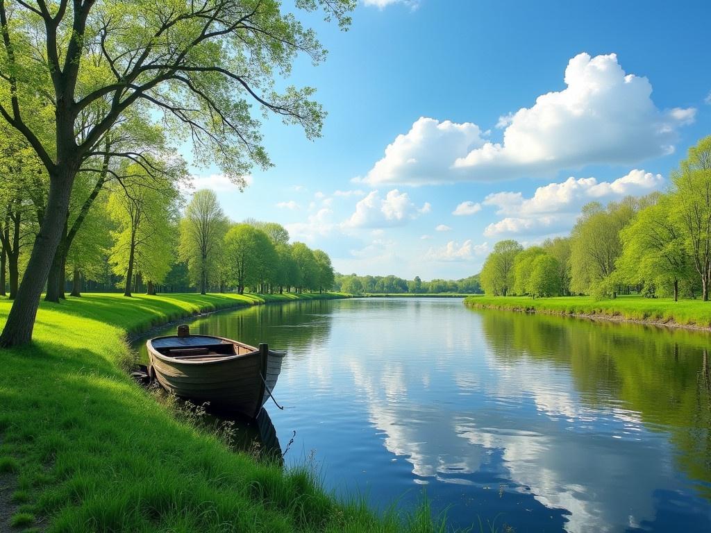 A serene spring and summer landscape featuring a clear blue sky dotted with fluffy white clouds. The Narew River flows gently, with a wooden boat securely anchored along its grassy banks. Lush green trees and vibrant foliage surround the river, creating a tranquil feel. The countryside of Poland is highlighted, showcasing the beauty of nature in this picturesque setting. Reflections of the trees and clouds shimmer on the calm water surface, enhancing the peaceful ambiance.