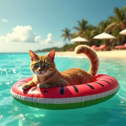 Realistic photograph features an anthropomorphic cat lounging on a watermelon float. Cat has a toned feminine physique and stylish bikini. Cat lies on stomach with fluffy tail above water. The float bobs gently on water. In the background, golden sand beach, umbrellas, and palm trees visible.