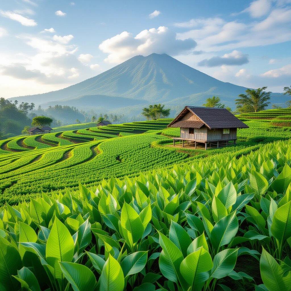 Vibrant green rice fields in Indonesia with a traditional hut in the foreground. Majestic mountain in the background under a clear blue sky. Captures the beauty of nature and agriculture in Southeast Asia.