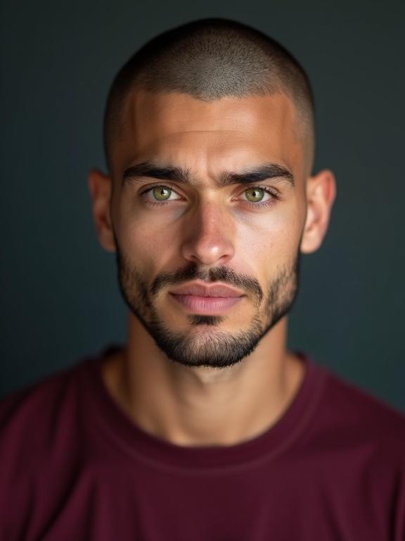 Studio portrait photograph of a young man with bright green eyes. He has a shaved beard and closely shaved head. He wears a deep burgundy colored t-shirt. Good complexion visible in the image.