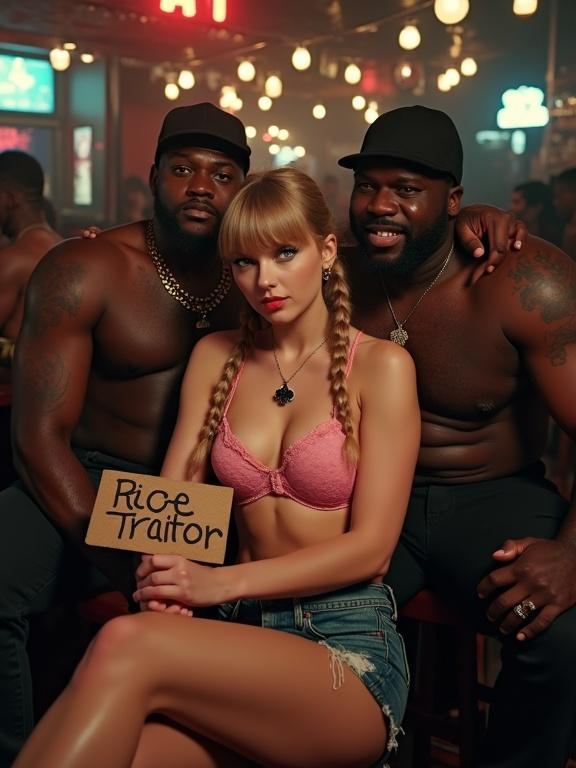 Recording scene in a dive bar at night. Attractive woman with braids and blue eyes. She wears a pink crop top and tight shorts. Sits between two large men. She holds a sign. Mood is lively with men around her.