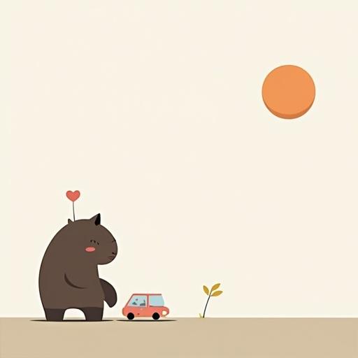 Minimalist illustration of a bear standing next to a small red car under a large sun