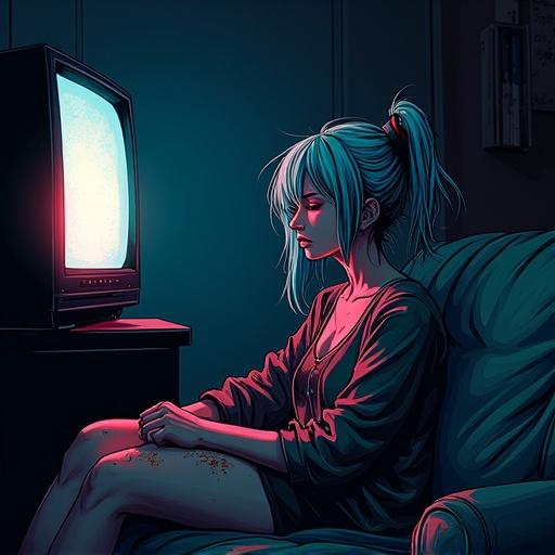 Illustration inspired by Jim Mahfood featuring a woman in her mid-thirties. She represents burnout and punk disillusionment. Sitting on a couch in a shadowed room. Soft colors from a TV light reflect on her face. Expression distant with Cheeto residue. Hair creased from sleep. Loose dynamic lines illustrating a sense of energetic melancholy.