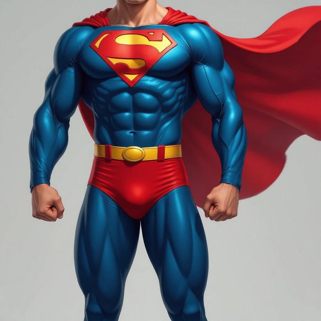 Superman depicted in shiny red trunks with blue torso and red cape. Muscular physique portrayed directly facing the viewer.