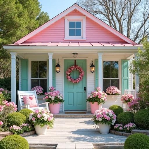 Bright sunny day shows a light pink and white cottage. Six windows with shutters. Big wrap around porch with swimming pool view. Pink roof and light aqua door. Rose and hydrangea wreath on door. Pink roses and white hydrangeas in large light pink flower pots. Tall light aqua lanterns next to flower pots. Twinkle lights on the wreath. Lights are on inside the house. White porch swing with pink rose print pillows.