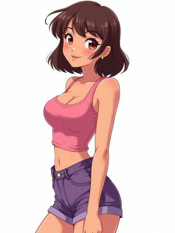 A teenage girl wears a pink top and purple shorts. She has brown bob hair and brown eyes. Freckles dot her cheeks. The background is pure white. The style is pinup and comix, featuring high quality and resolution.