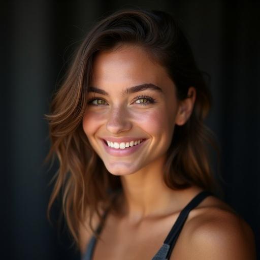 Full body portrait of a smiling athletic woman. She has asymmetrical hairstyle; left side is medium-length brown and slightly tousled parted to the side. The right side is an undercut. She has a natural look with minimal makeup clear skin warm tone and subtle dimples. Soft studio lighting highlights the contours of her face. Dark blurred background to enhance focus on her expression. Looking directly at the camera with a genuine relaxed smile.