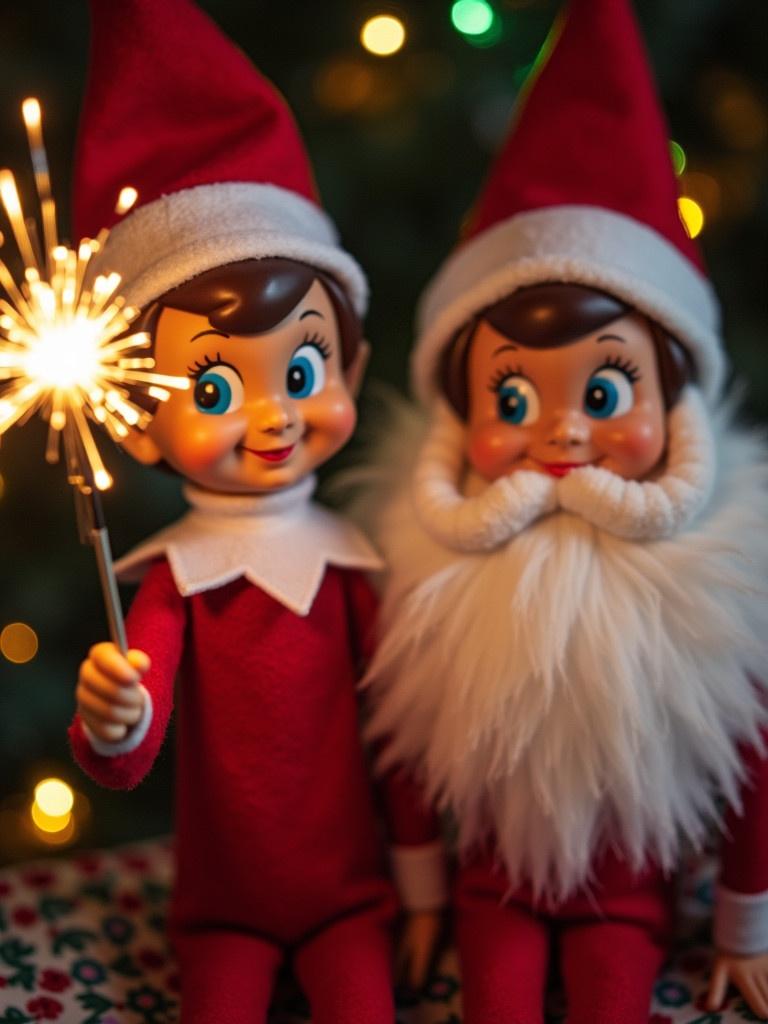 Elf on the shelf characters celebrating with a sparkler. The scene has a warm holiday ambiance with lights in the background. Elves are wearing red outfits and Santa hats. They are depicted with festive expressions and a sense of joy.