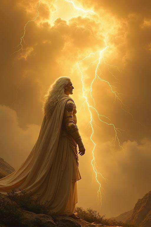 A god stands in the golden clouds. Radiance fades revealing the Thunderer. Tall figure with white hair. Eyes like thunderclouds. Dressed in gold armor. Cloak made of the sky with stars and clouds.