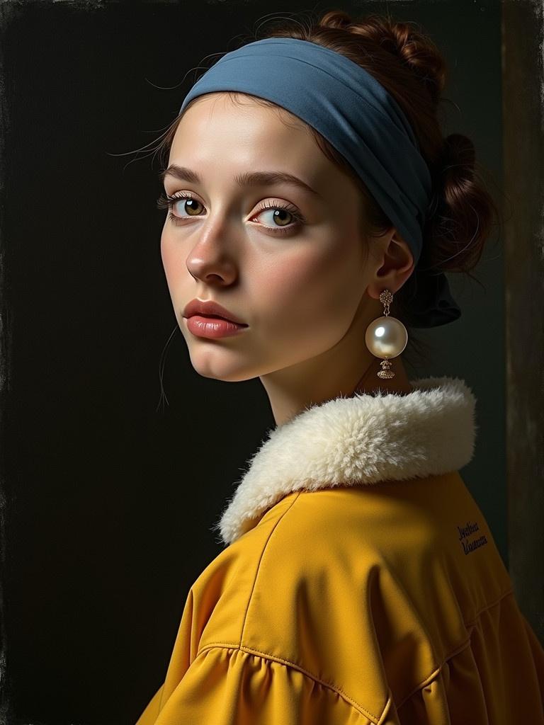 The image showcases a woman in a trendy yellow jacket. She wears a blue headband and a large pearl earring. The portrait is inspired by renaissance art styles. The colors are vibrant, and shadows are prominent on her face. The background is dark, emphasizing her bright attire.