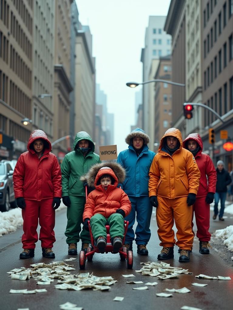 A group of empty winter jumpsuits arranged like a protest in a city street during winter. The jumpsuits are brightly colored and standing upright. On the ground lie scattered US hundred-dollar bills. The urban setting has tall buildings and clean sidewalks. Two adults in formal wear are seated on a sled, absorbed in their work without acknowledging the surrounding scene. The lighting is natural and soft.