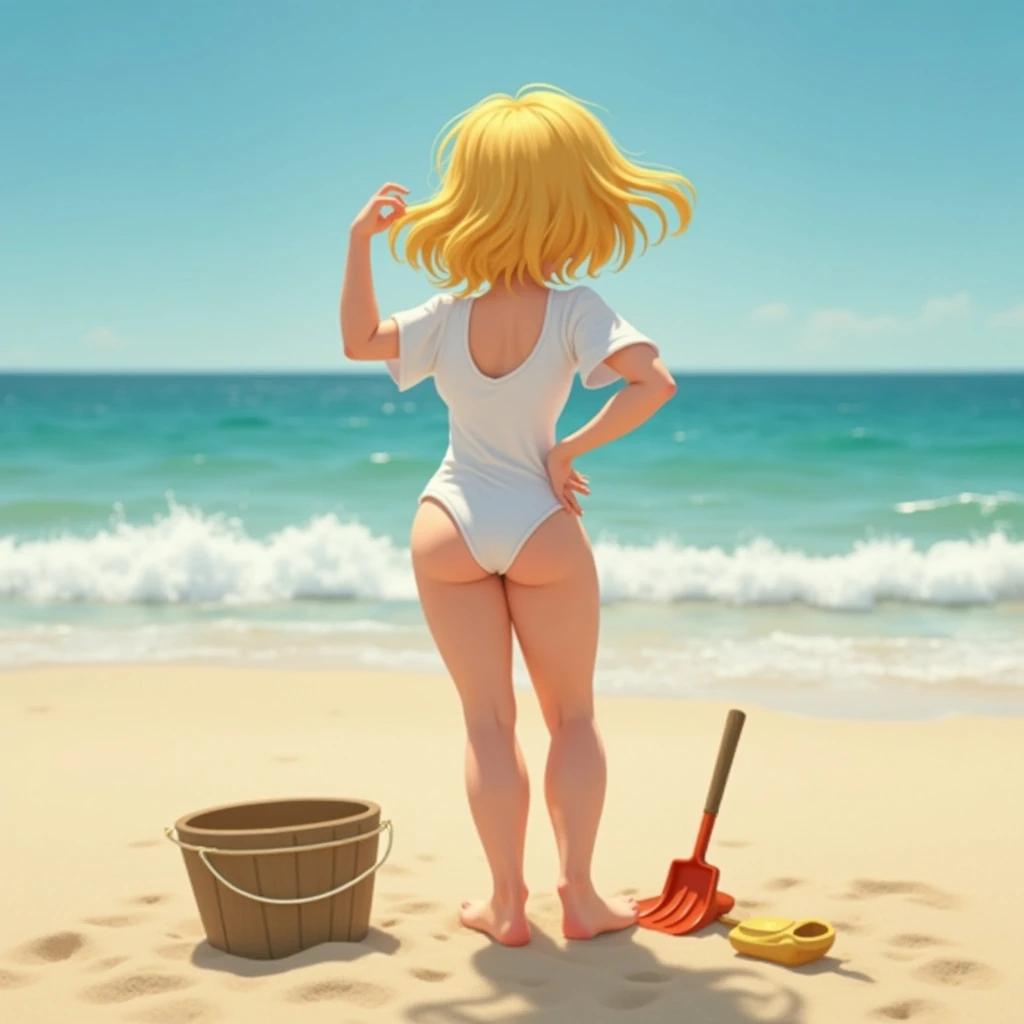 A blonde individual at the beach. Wearing a white swimsuit paired with a white t-shirt. Right hand running through hair. Left hand placed at the hip. Nearby lie a bucket, shovel, and molds in the sand.
