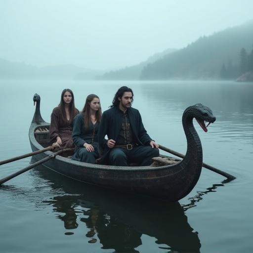 A boat is floating on a foggy river. Three girls wear medieval pants and jackets. A man wears black pants with a collar. He has dark hair to his shoulders. He sits in the middle holding oars. The boat's bow has a snake's head. Fog covers the river. Hills appear on the horizon.