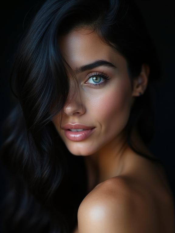 Macro portrait of a woman with black hair draped over one eye and turquoise eyes. Woman leans towards camera for an intimate moment. Chiaroscuro lighting creates drama against a dark background.