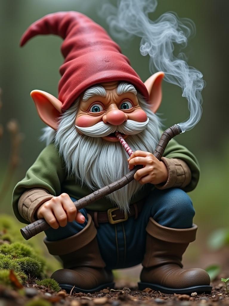 Gnome crouches and holds stick. Smoke rises from the gnome's mouth. Forest backdrop. Gnome has a red pointed hat, long beard, and brown boots. Image captures a whimsical atmosphere.