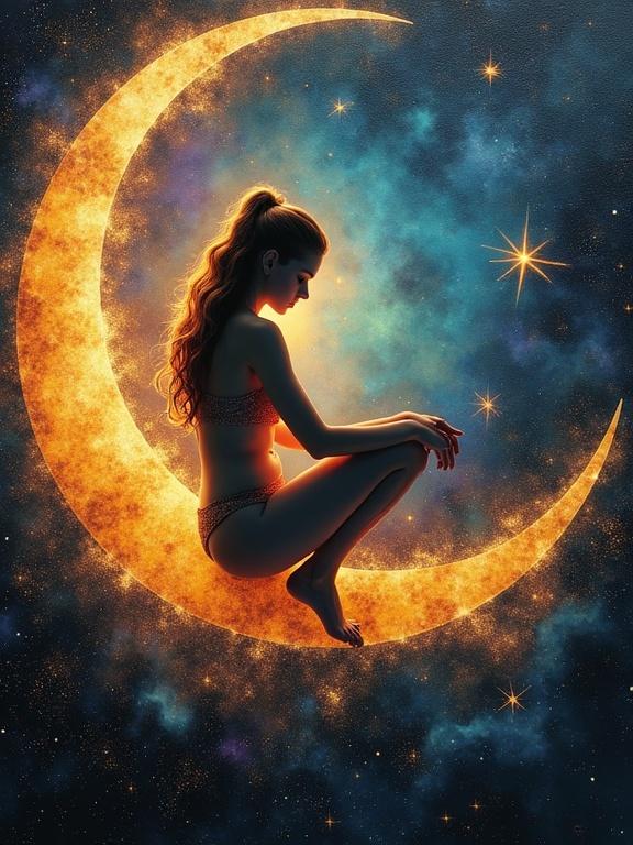 Hot woman sitting on crescent moon. Surrounded by colorful nebula with stars. Textured dreamy effect with gold leaf highlights. Ethereal atmosphere in the background.