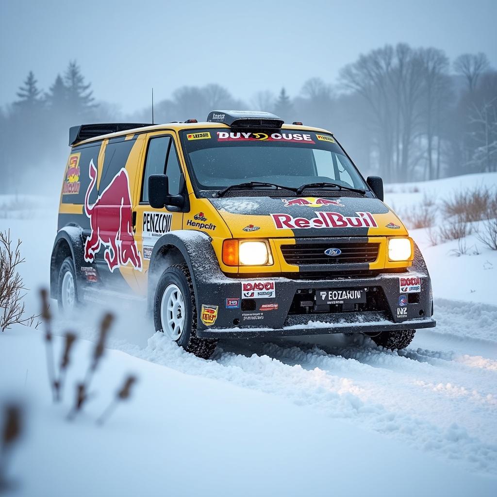 1998 Ford Transit Van modified to rally specs. Aggressive widebody kit with square overfenders. Features visible rally elements like tow hooks and roof scoop. Vehicle in winter conditions, deep snow on terrain. The scene captures blizzard conditions, snow swirling around. Bright auxiliary lights illuminating the storm. Action shot focused on vehicle's power and resilience against elements.