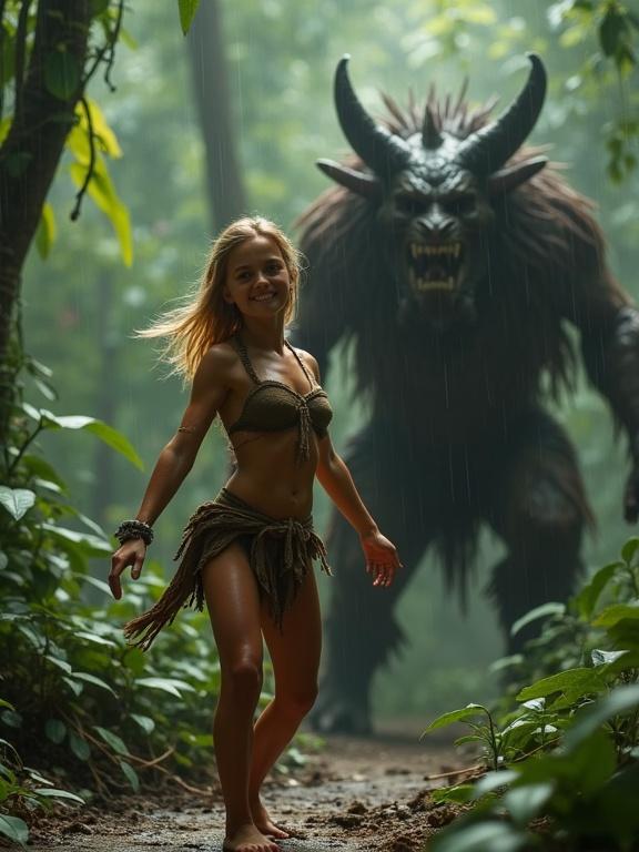 Beautiful joyful girl in tattered loincloth dancing in rainforest rain. Scary forest demon behind. Cinematic lighting.