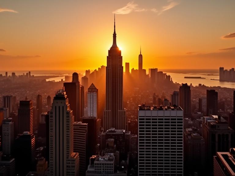 A sunrise over Manhattan features golden reflections on glass buildings in an aerial view of the city.