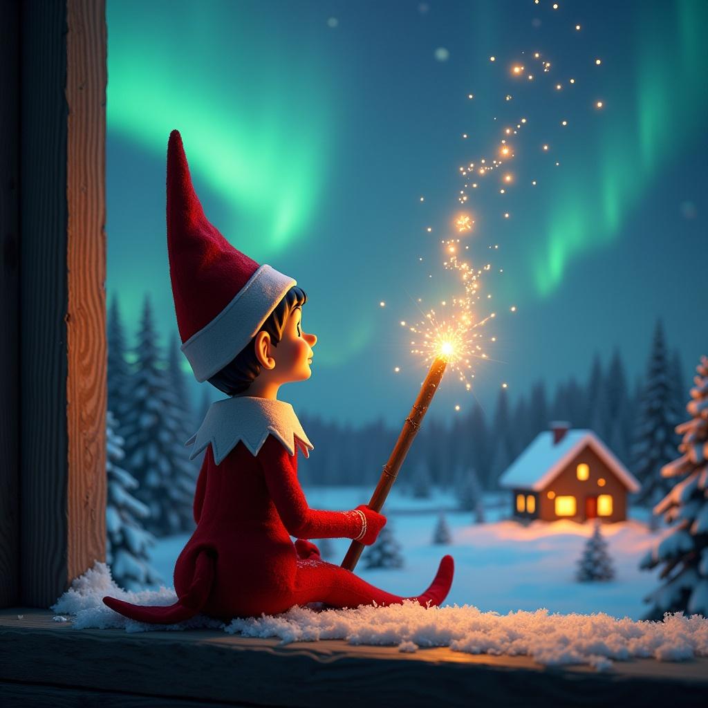 An elf gazes skyward while sitting on a window ledge. The elf holds a glowing wand. Colorful northern lights illuminate the backdrop. A cozy house is visible in the distance. Snow covers the ground. ‘Greyson & Kolesten’ appears from the wand.